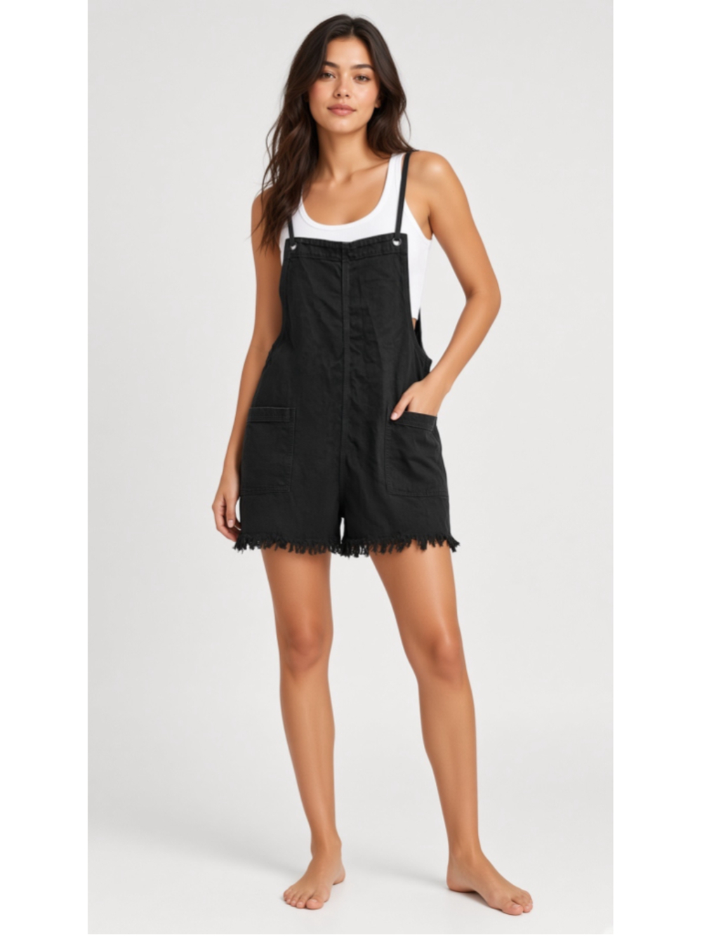Aerie Black Denim Utility Romper Overalls Raw Hem Adjustable Straps Size XL